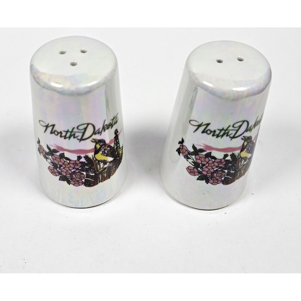 North Dakota Floral Souvenir Salt Pepper Shakers White Multicolor Ceramic Set